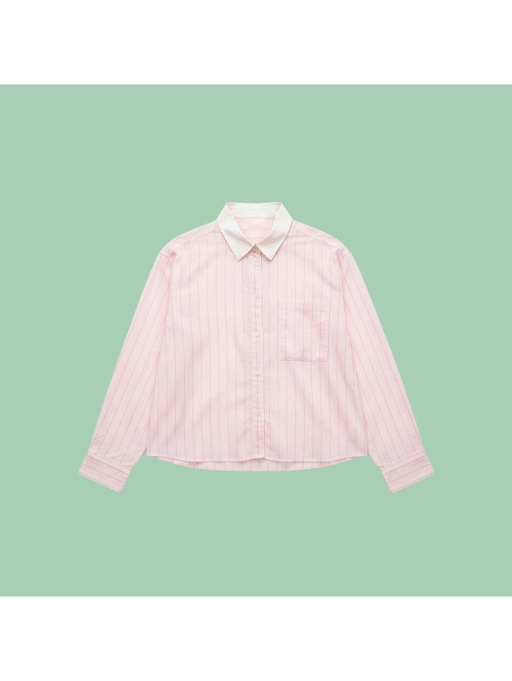 Pink Pinstripe Long Sleeve Cropped Button-Up Shirt with White Collar